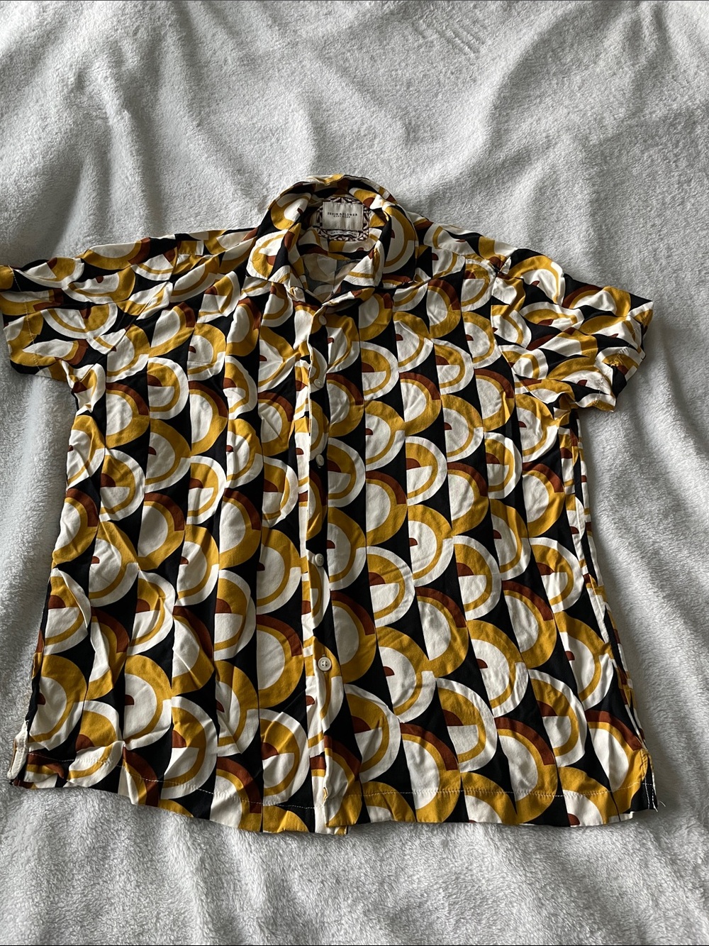 Men's Short-Sleeve Button-Down Shirt in Mustard, Black & White Geometric Print